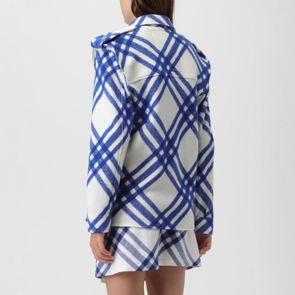 Burberry Women’s Check Wool Shirt | Equestrian Knight Logo Plaid Top Size 4 Blue - Picture 3 of 8